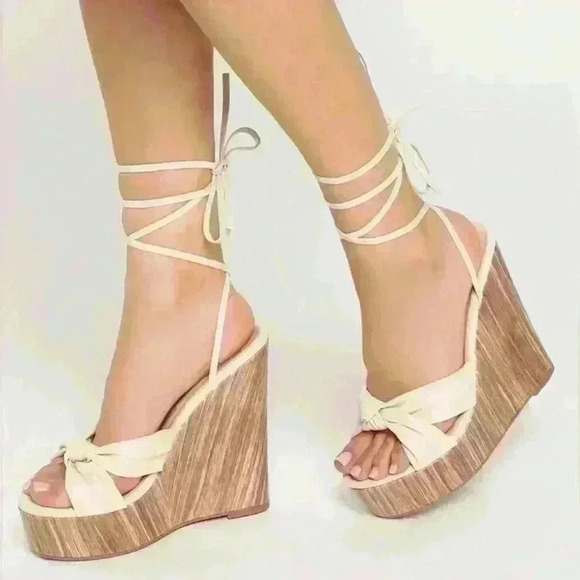 Lulus Aimi Bone Knotted Strappy Platform Wedges - Picture 1 of 12